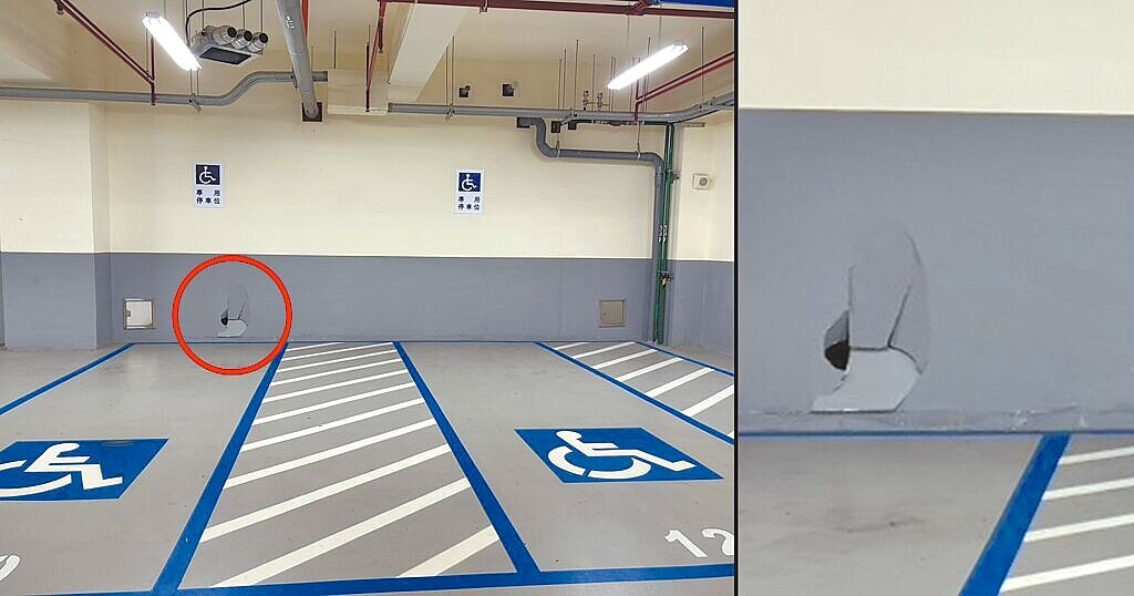 今年2月才剛點交給民眾入住的華榮社宅，地下停車場停車格沒有車擋設計，牆面被撞凹2個大洞，停車業者只顧收錢，物管業者至今也未修繕。圖／陳怡君辦公室提供