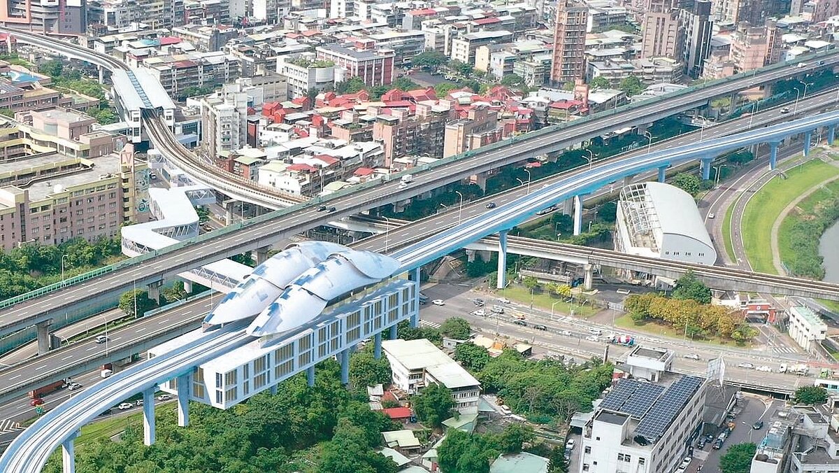 汐東線SB10及11站跨高速公路模擬圖,將規畫跨越國道一號的人行空橋。圖/新北市捷運局提供