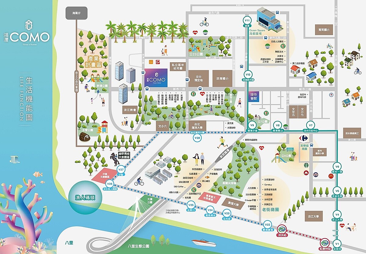 位於淡海新市鎮的預售大樓案「鴻灃COMO」，平均單價3字頭超誘人，基地周邊環境也舒適。圖／鴻灃COMO提供