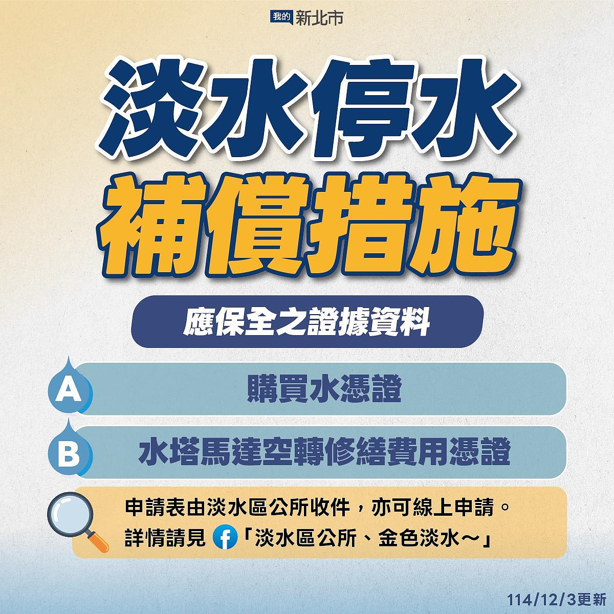 淡水停水補償措施出爐,受影響的民眾可透過表單線上申請。圖/新北市府提供