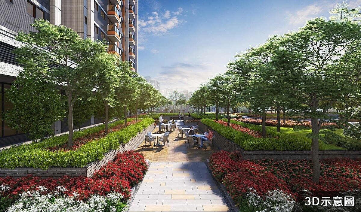 大基地、偌大中庭花園，戶外咖啡區讓住戶享受極致悠閒。圖／鴻灃COMO提供
