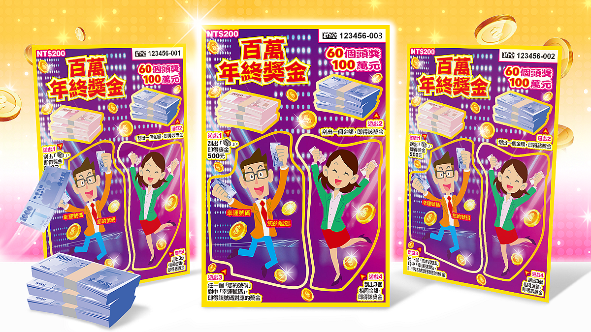 台灣彩券公司16日推出刮刮樂「百萬年終獎金」,每張售價新臺幣200元,票面以上班族手握鈔票雀躍歡呼,呈現年終獎金到手時的興奮感,頭獎100萬元共有60個。圖/台灣彩券公司提供