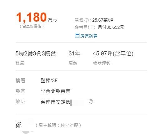 ▼網友抓包肇事的鄭姓男子疑似將名下房屋上網拋售。(圖/翻攝自591房屋網)