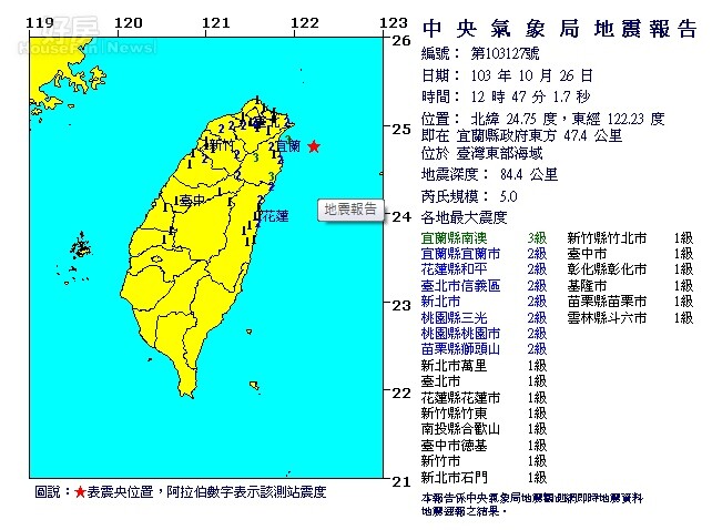 宜蘭縣政府東方 47.4 公里發生地震（翻攝自中央氣象局）