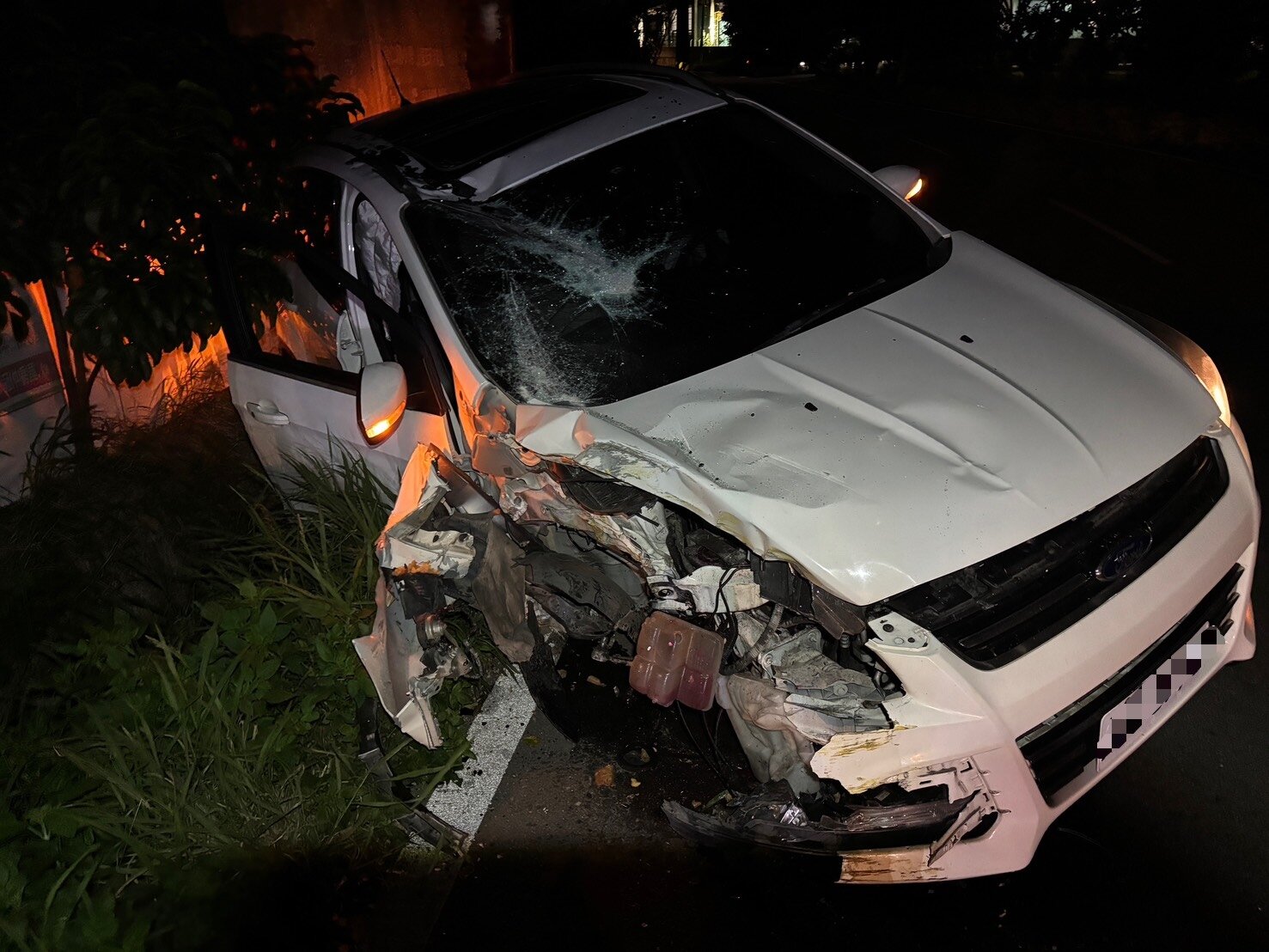 高男自撞電桿,導致電桿倒塌及車上乘客受傷。圖:讀者提供
