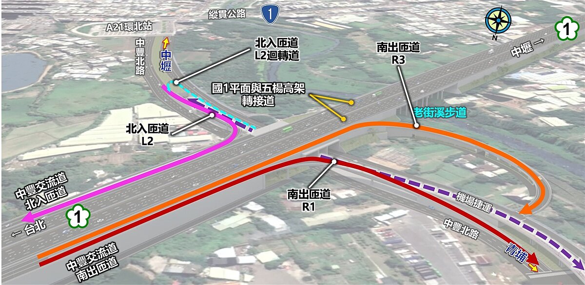 國道1號中豐交流道新建工程歷經近3年施工，將達到通車標準，力拚年底前通車。圖／交通部高公局提供