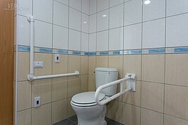 馬桶旁加設可輔助起身坐下的欄杆，方便行動不變的老人家或肢體障礙者。