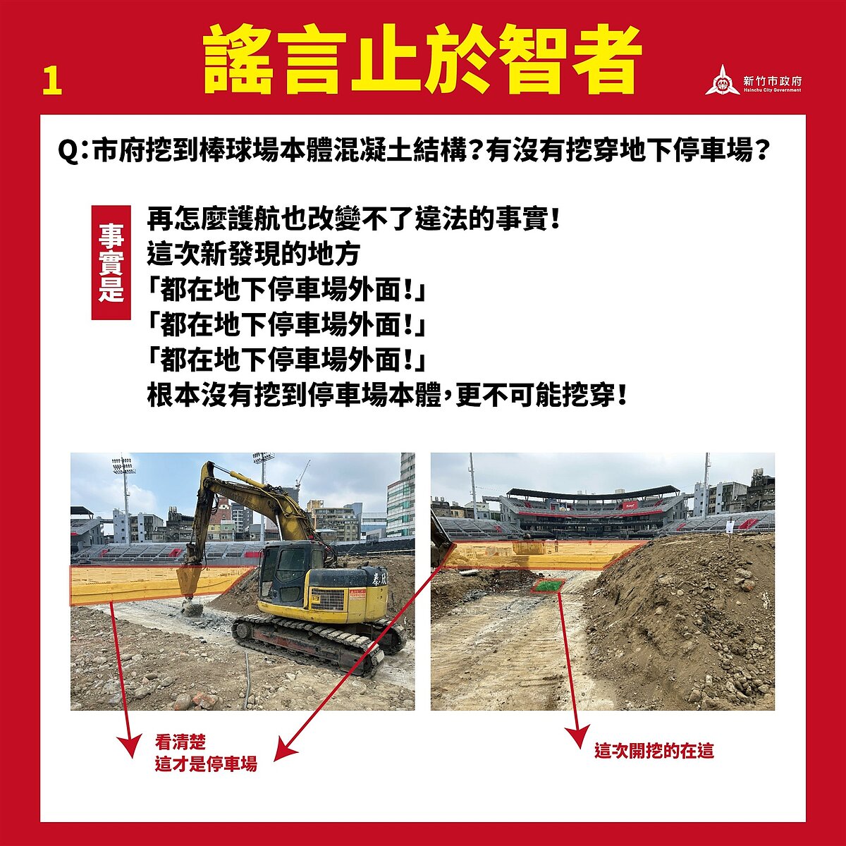 新竹市政府嚴正駁斥新竹棒球場錯假言論,並製作圖卡說明。圖/新竹市政府提供