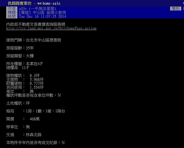 中山區偷情小套房。(翻攝自批踢踢實業坊)