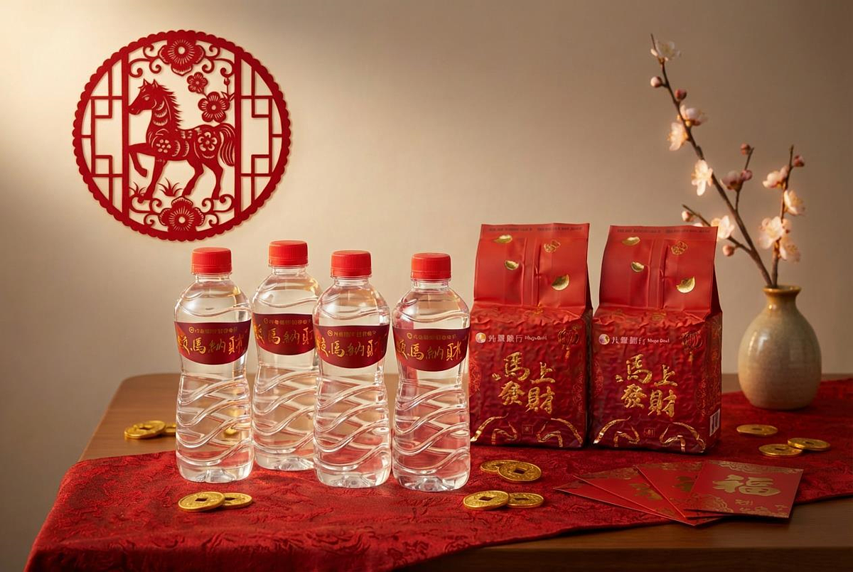 迎接金馬年,各銀行提供發財水及發財米,限量贈送給客戶。圖/兆豐銀行提供