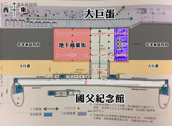 台北大巨蛋與國父紀念館之間的地下連通道設計圖。（翻攝自批踢踢實業坊）
