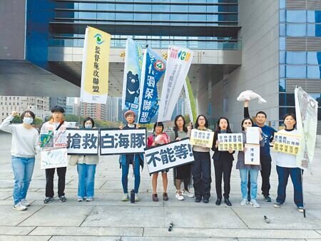 白海豚重要棲地與台中港特定區海域高度重疊,環保團體27日偕同市議員吳佩芸(前右三)赴市府前廣場陳情,要求退縮台中港特定區範圍。(陳淑娥攝)