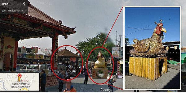 紫南宮的金雞母和一旁的涼亭被法院判拆遷還地。（翻攝自Google Map和紫南宮官方網站）
