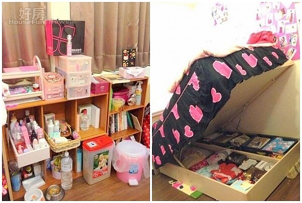5.蔡小潔坦承對於特色小物、倒天拍賣或換季折扣無法抗拒,因此組合櫃裡總是堆著滿滿的戰利品。(左)
6.蔡小潔對空間運用只有一個要求,即「收納收納再收納」!會巧妙運用各種多可堆疊收納櫃來彌補空間的不足。(右)