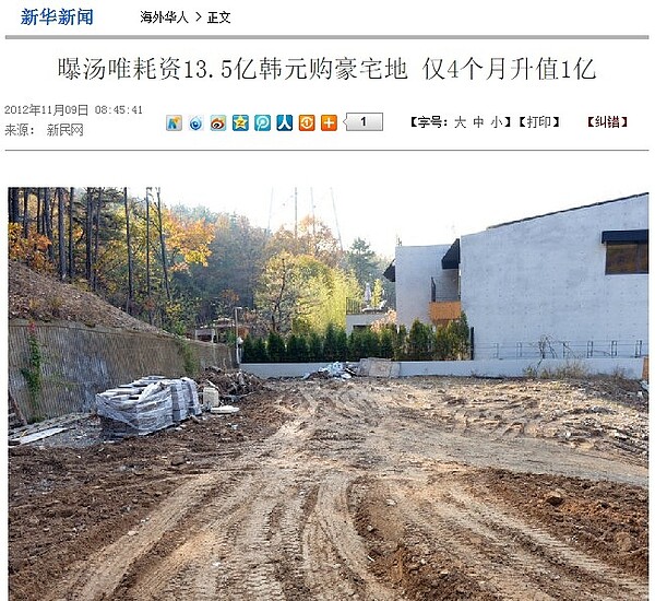 湯唯曾花了13.5億韓元買下這塊位於京畿道盆塘區的土地。(翻攝自新華網)