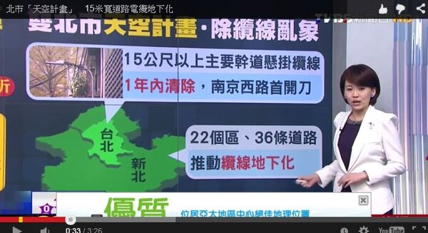 台北市的天空計畫，預計在1年內，將路寬15米以上的幹道之管線地下化。（翻攝自Youtube）