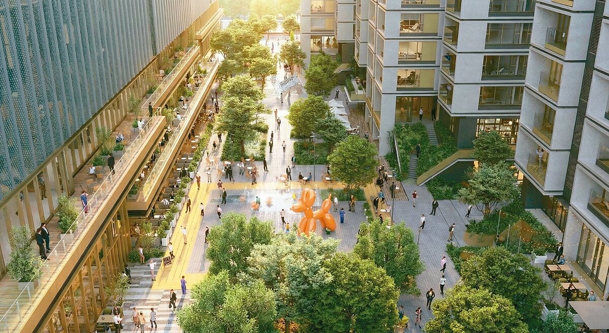 行二行三公辦都更案以老樹綠意、歷史廣場編織城市風貌。模擬圖/國家住都中心提供