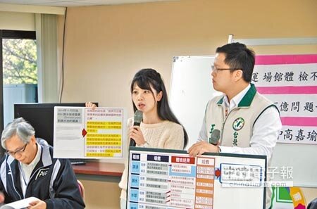 台北市議員高嘉瑜(左)與王威中(右)13日抨擊世大運場館整修費用高昂,問題卻一籮筐。(邱文秀攝)