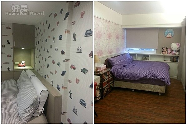 5.兒子的房間是汽車的天下,壁紙、擺設都可看到。
6.女兒房是白牆加上粉紅色碎花璧紙,還有Hello Kitty娃娃,很有小女生風格。