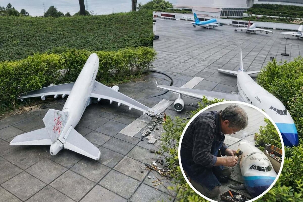 小人國主題樂園迷你世界「桃園機場動態飛機」模型，再度遭到人為破壞。圖／摘自小人國粉絲專頁