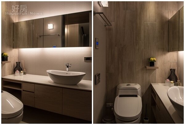 7.衛浴設備整體設計就像飯店等級。
8.講求木質設計，衛浴的磁磚也選用木頭色。
