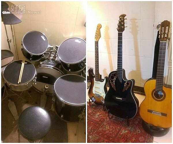 5.工作室麻雀小五臟全,包括音響、電子琴、Keyboard、麥克風…等音樂設備一應俱全,要錄製簡單Demo也不成問題。
6.由於劉學甫本身也是爵士鼓老師,因此在工作室小隔間裡還放了一整套爵士鼓。