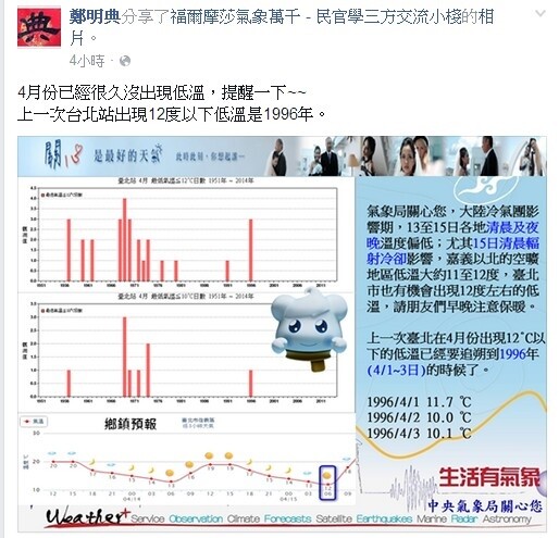 鄭明典臉書po文,提醒低溫來了。(翻攝鄭明典臉書)