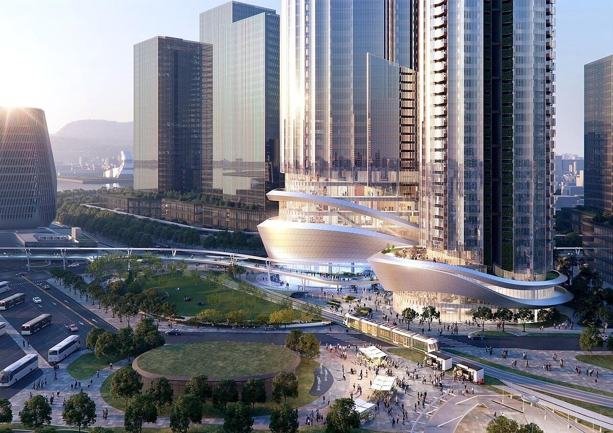 黃線捷運 Y15 站其中 1 個出入口將與高雄港旅運中心間立體連通系統，鴻海集團打造「高雄亞灣鴻海旗艦總部」，預計引入就業機會約3000人。圖／高雄市捷運局提供
