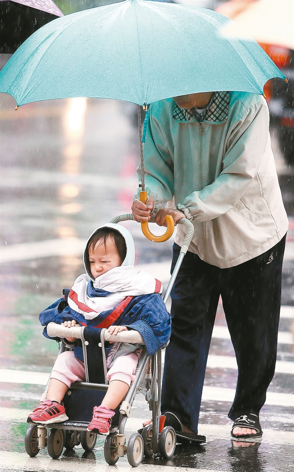 受華南雲雨區東移影響，昨天全台下起間歇性大雨，一名坐在推車裡的幼兒，被雨淋得皺起眉頭，但這場雨稍微舒緩了旱象，新北市暫停供5停2的措施。 記者侯永全／攝影