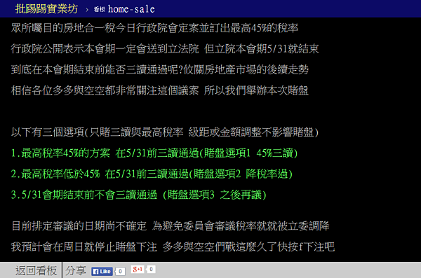 PTT開賭盤，房地合一稅會順利三讀通過嗎？（截取自PTT）
